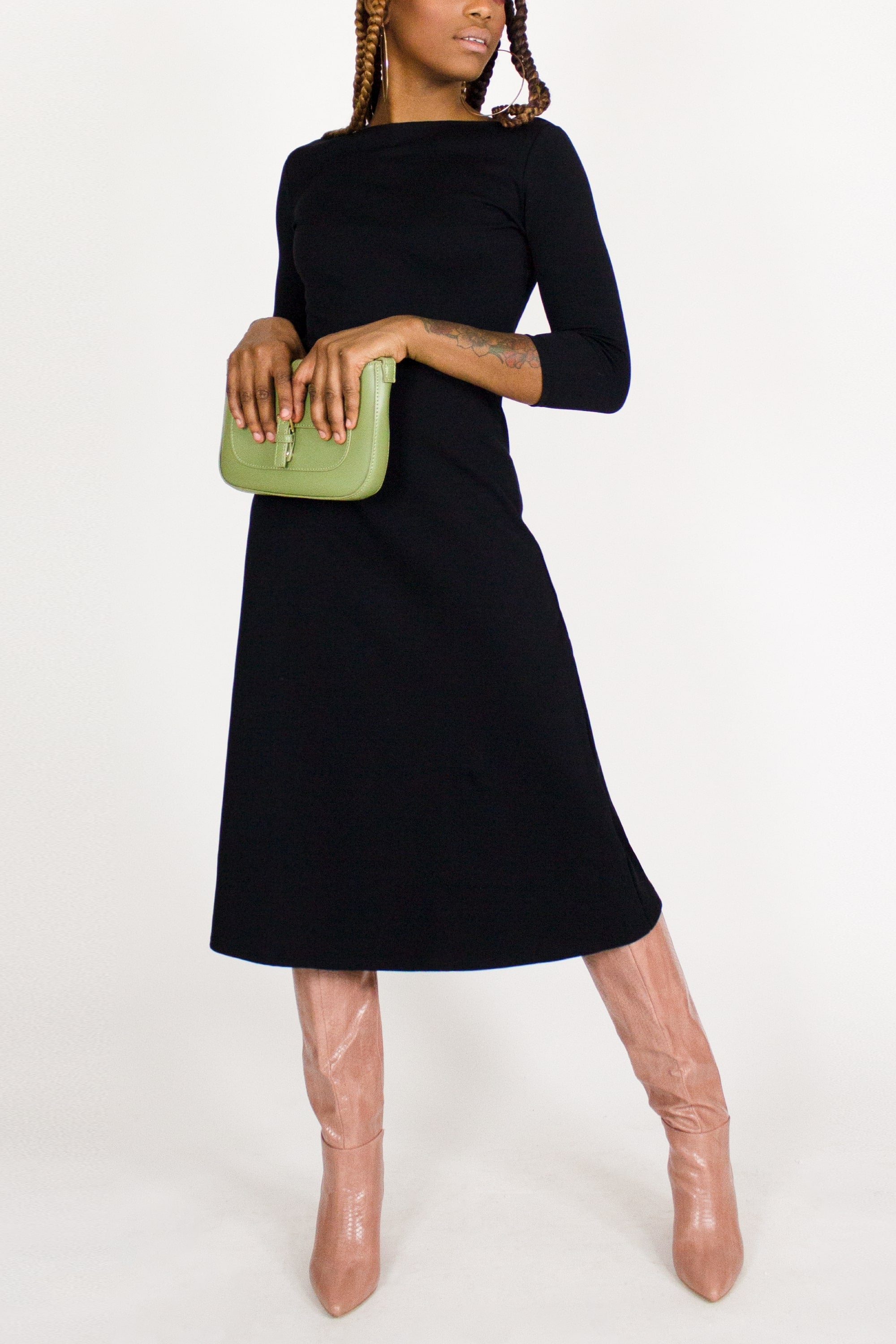 3/4 Sleeve BCI Cotton Boatneck Mid-calf Flared Dress -- Black