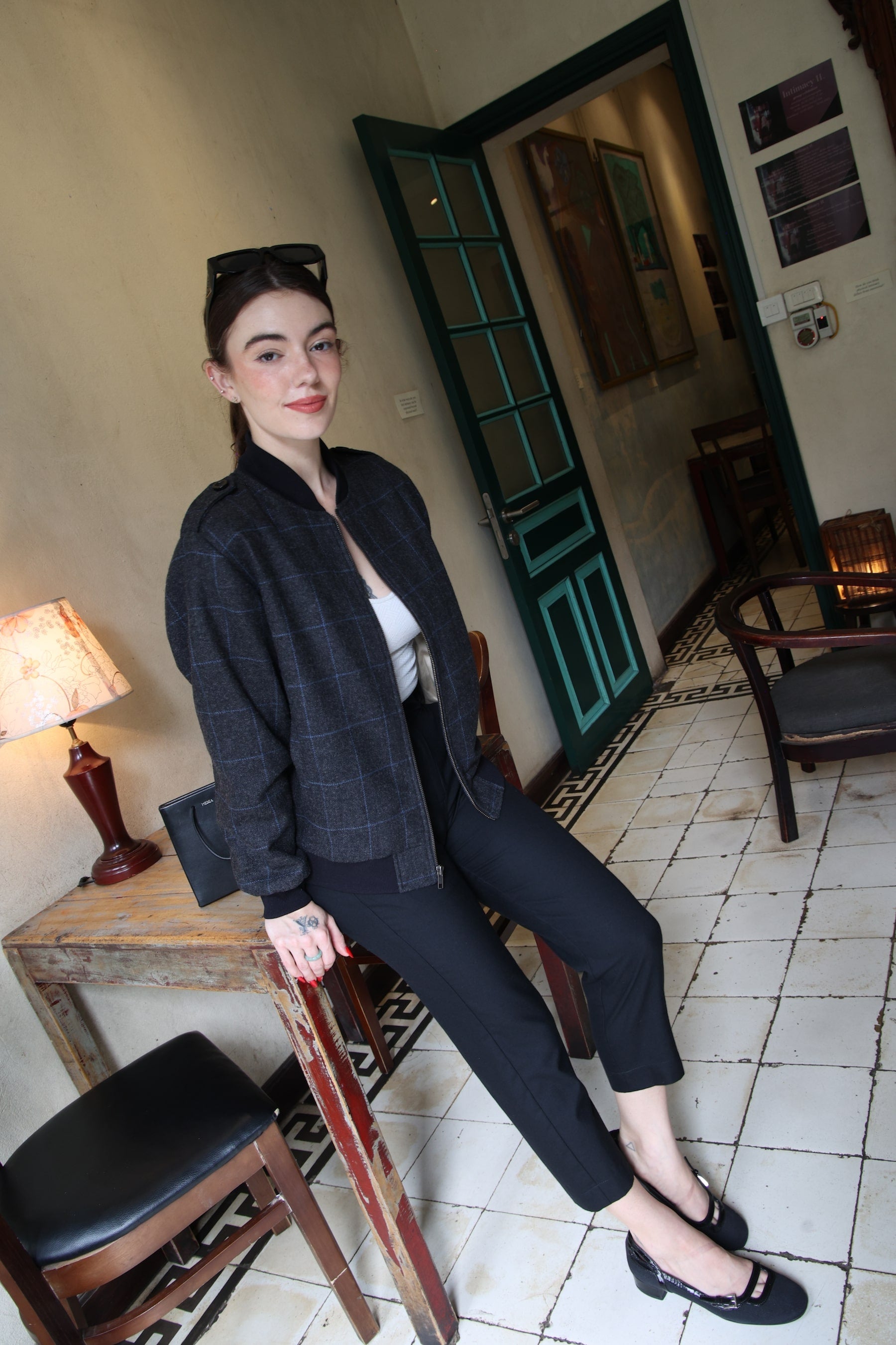 Wool Bomber Jacket - Black with Blue Plaid