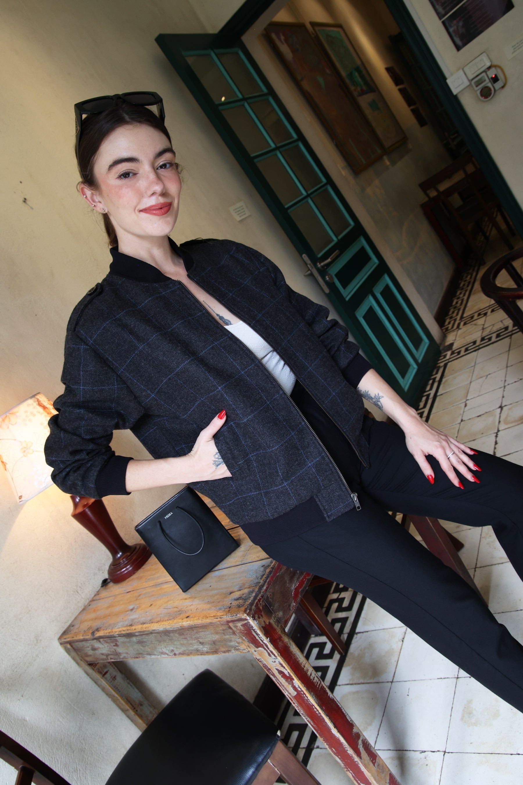 Wool Bomber Jacket - Black with Blue Plaid