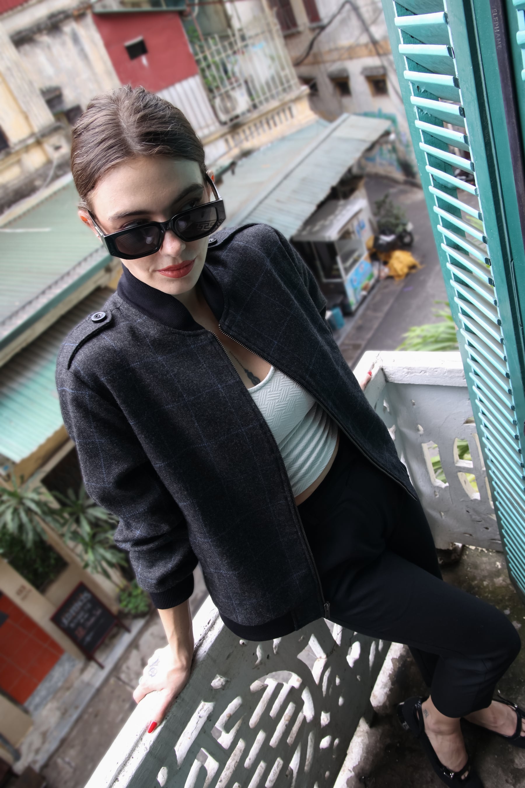 Wool Bomber Jacket - Black with Blue Plaid