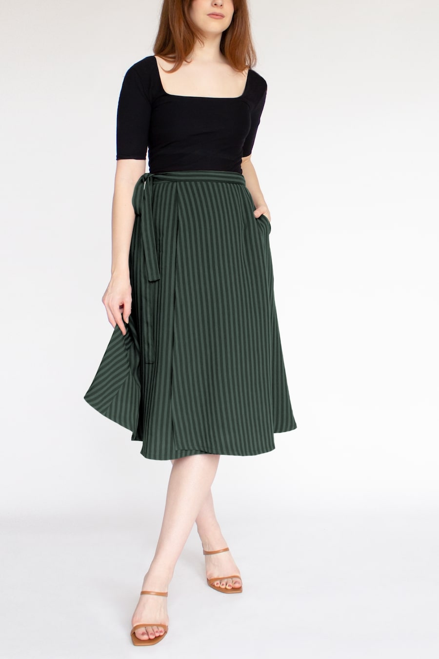 Striped TENCEL™ Lyocell Wrap Skirt With Pockets -- Dark Green