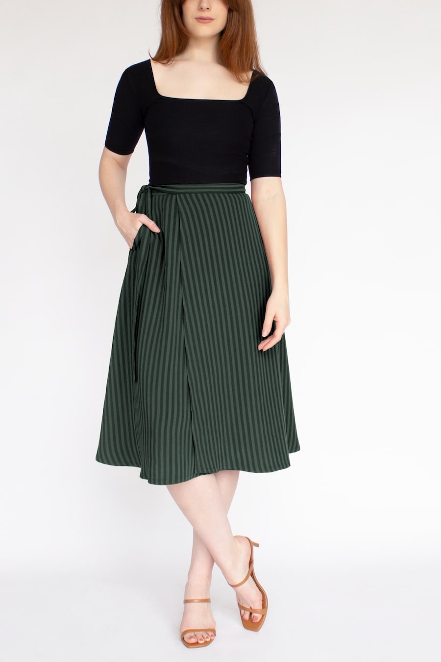 Striped TENCEL™ Lyocell Wrap Skirt With Pockets -- Dark Green
