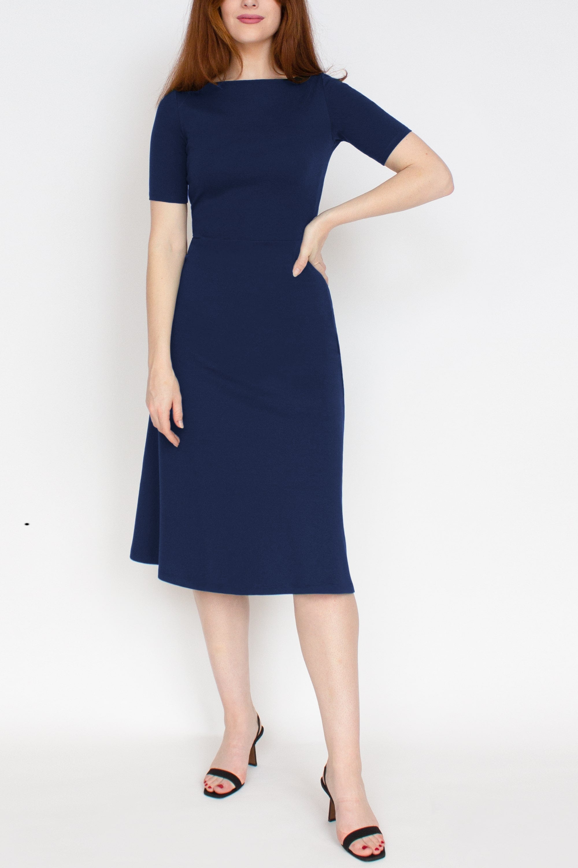 Half Sleeve BCI Cotton Boatneck Mid-calf Flared Dress -- Navy Blue