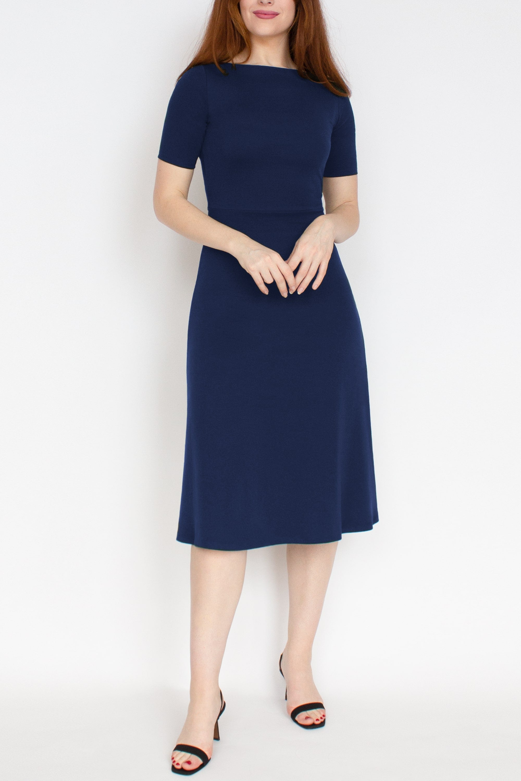Half Sleeve BCI Cotton Boatneck Mid-calf Flared Dress -- Navy Blue