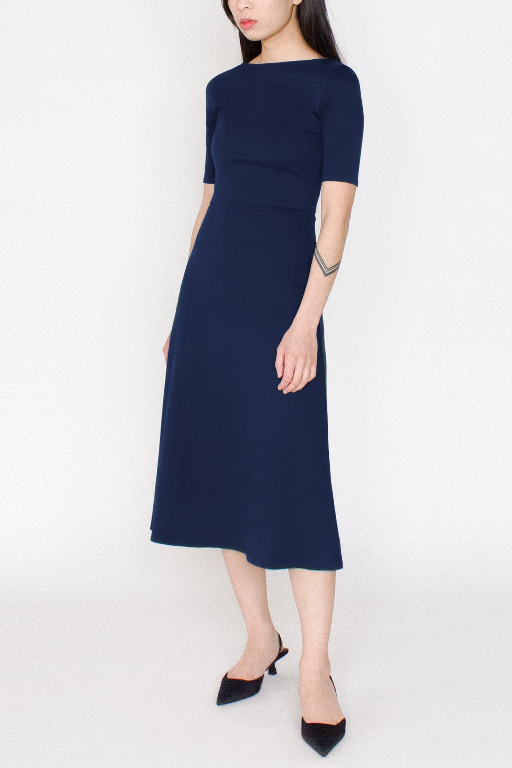 Half Sleeve BCI Cotton Boatneck Mid-calf Flared Dress -- Navy Blue
