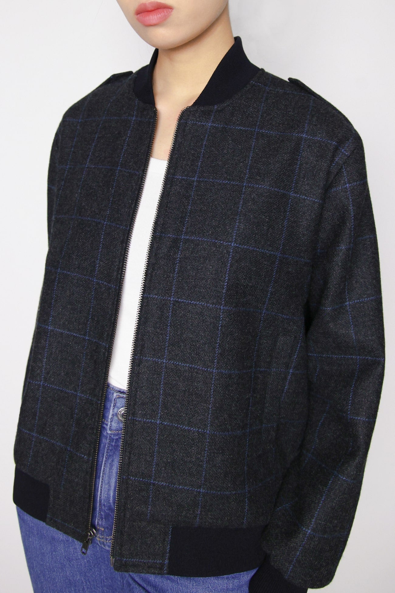 Wool Bomber Jacket - Black with Blue Plaid
