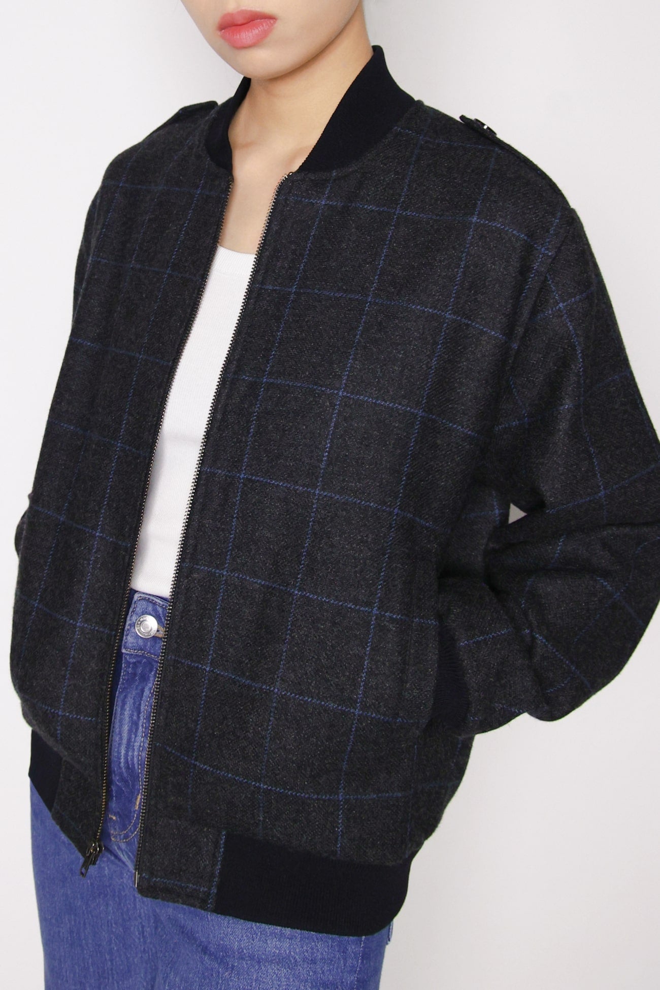 Wool Bomber Jacket - Black with Blue Plaid