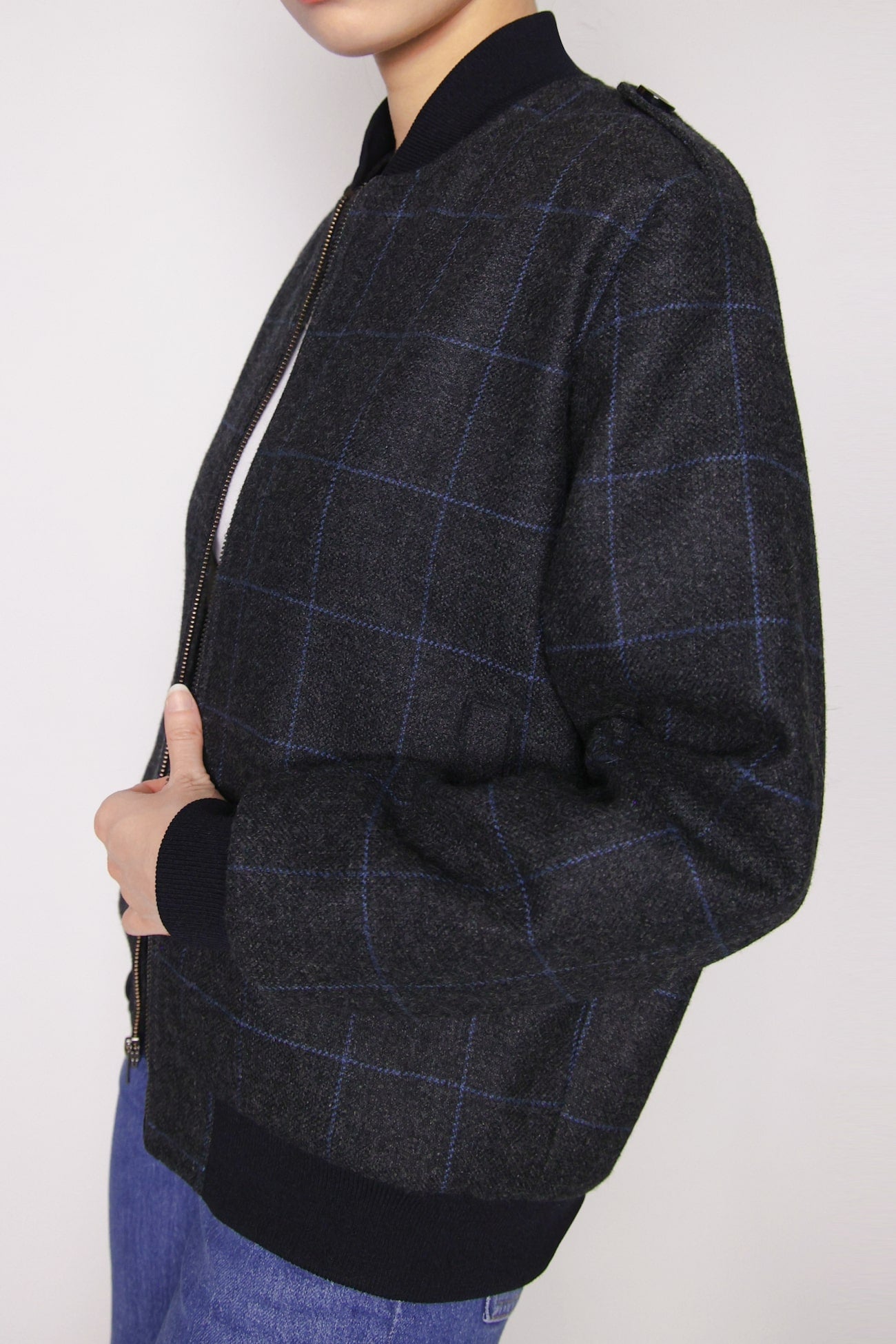 Wool Bomber Jacket - Black with Blue Plaid