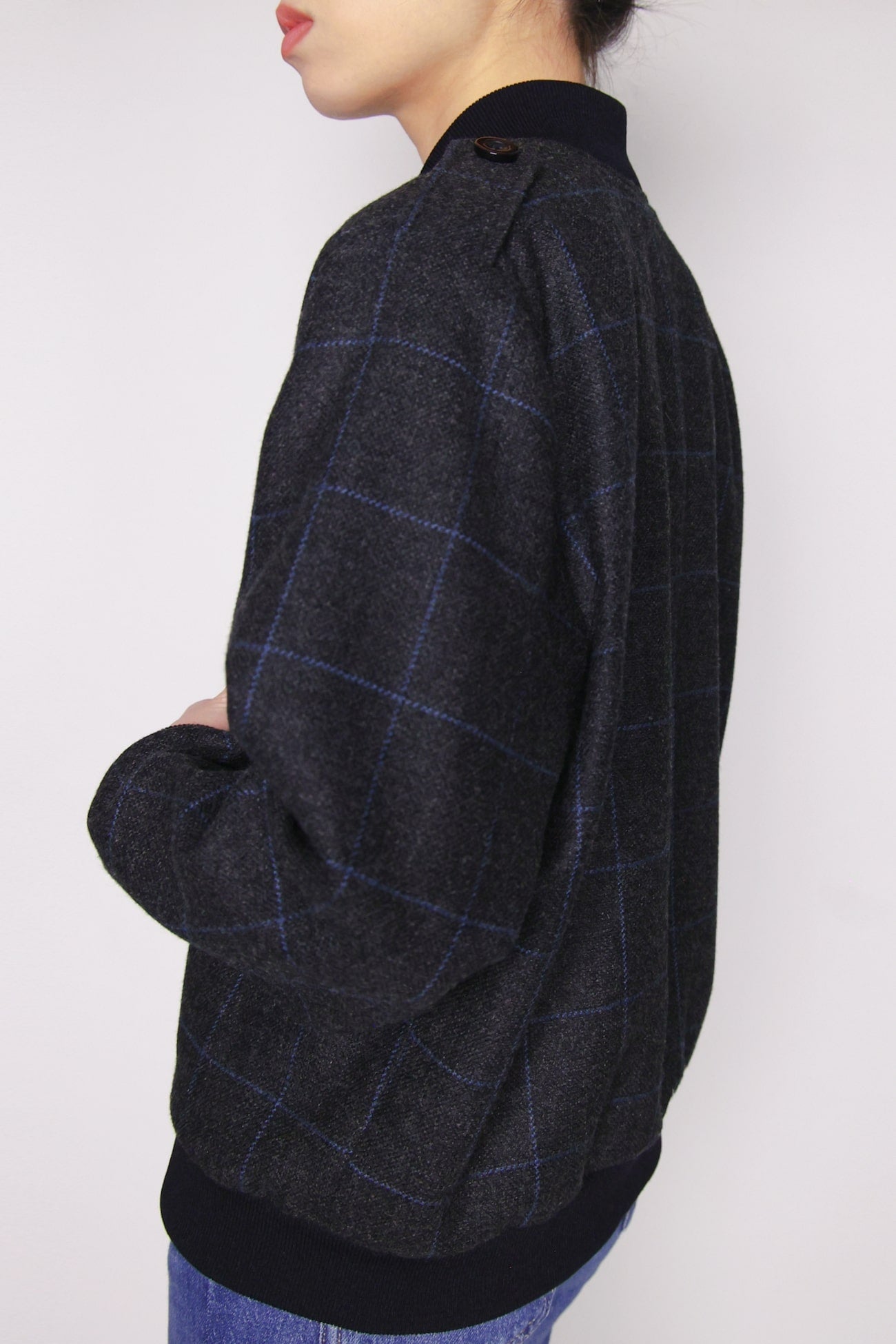 Wool Bomber Jacket - Black with Blue Plaid