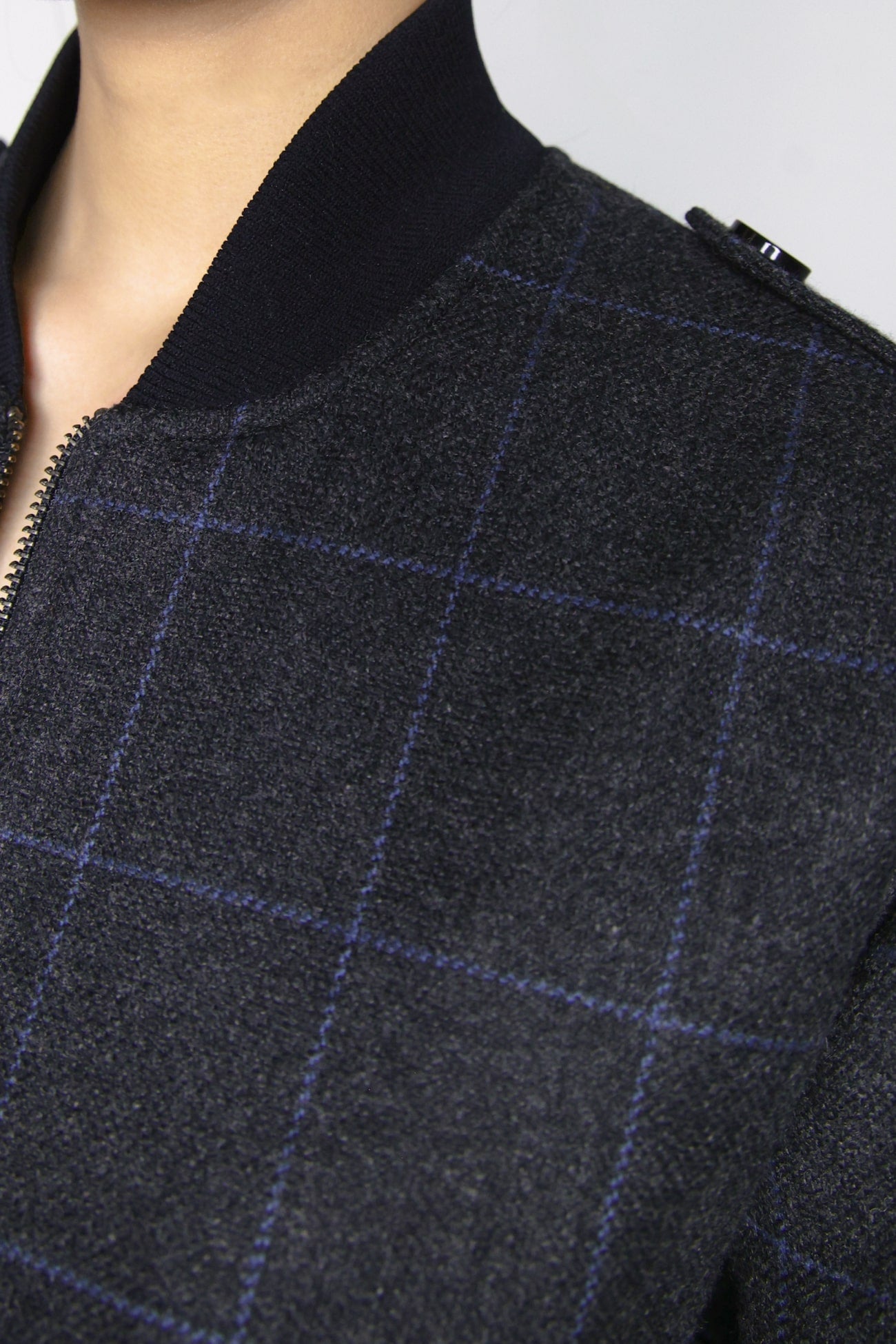 Wool Bomber Jacket - Black with Blue Plaid
