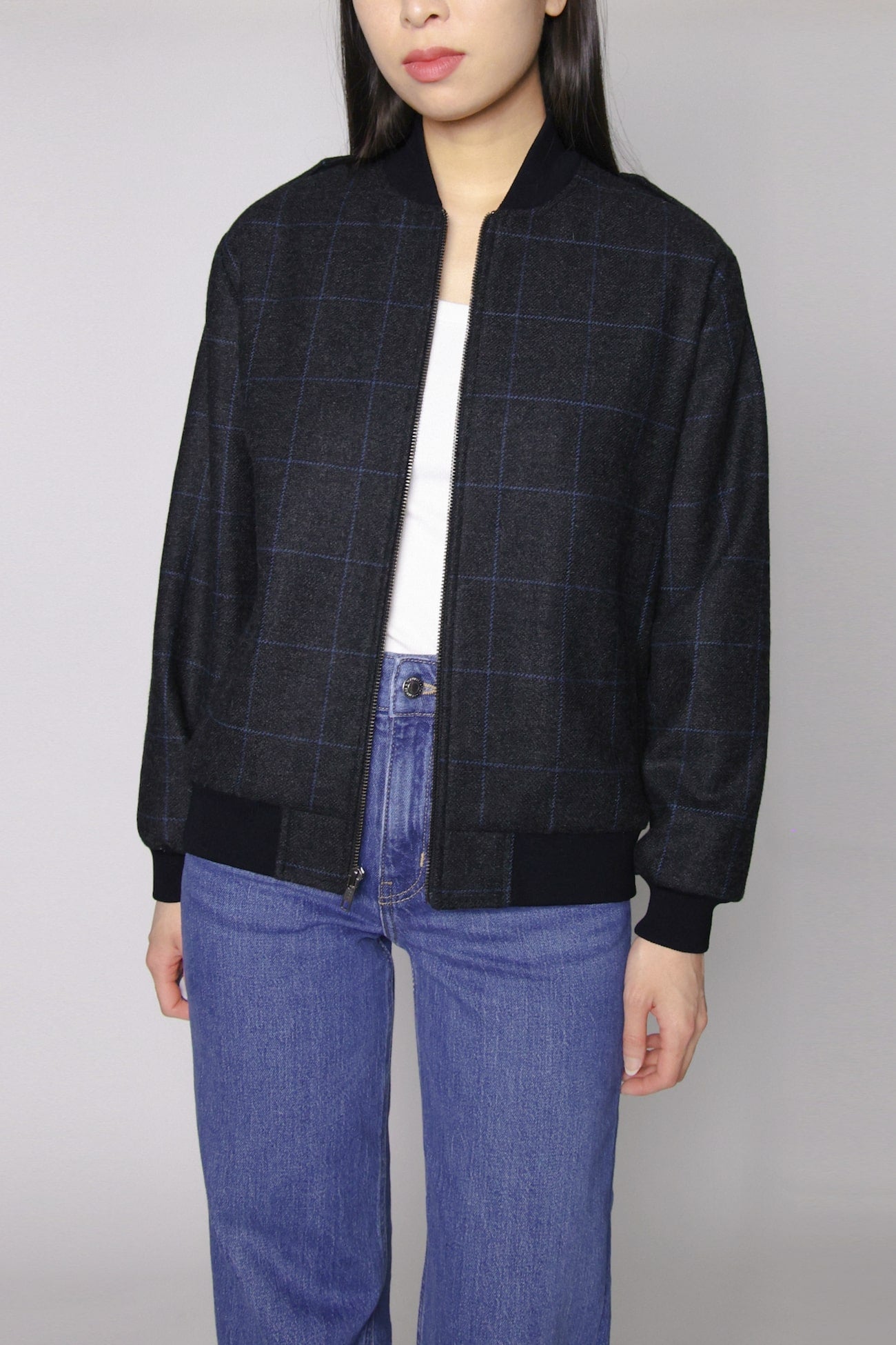 Wool Bomber Jacket - Black with Blue Plaid
