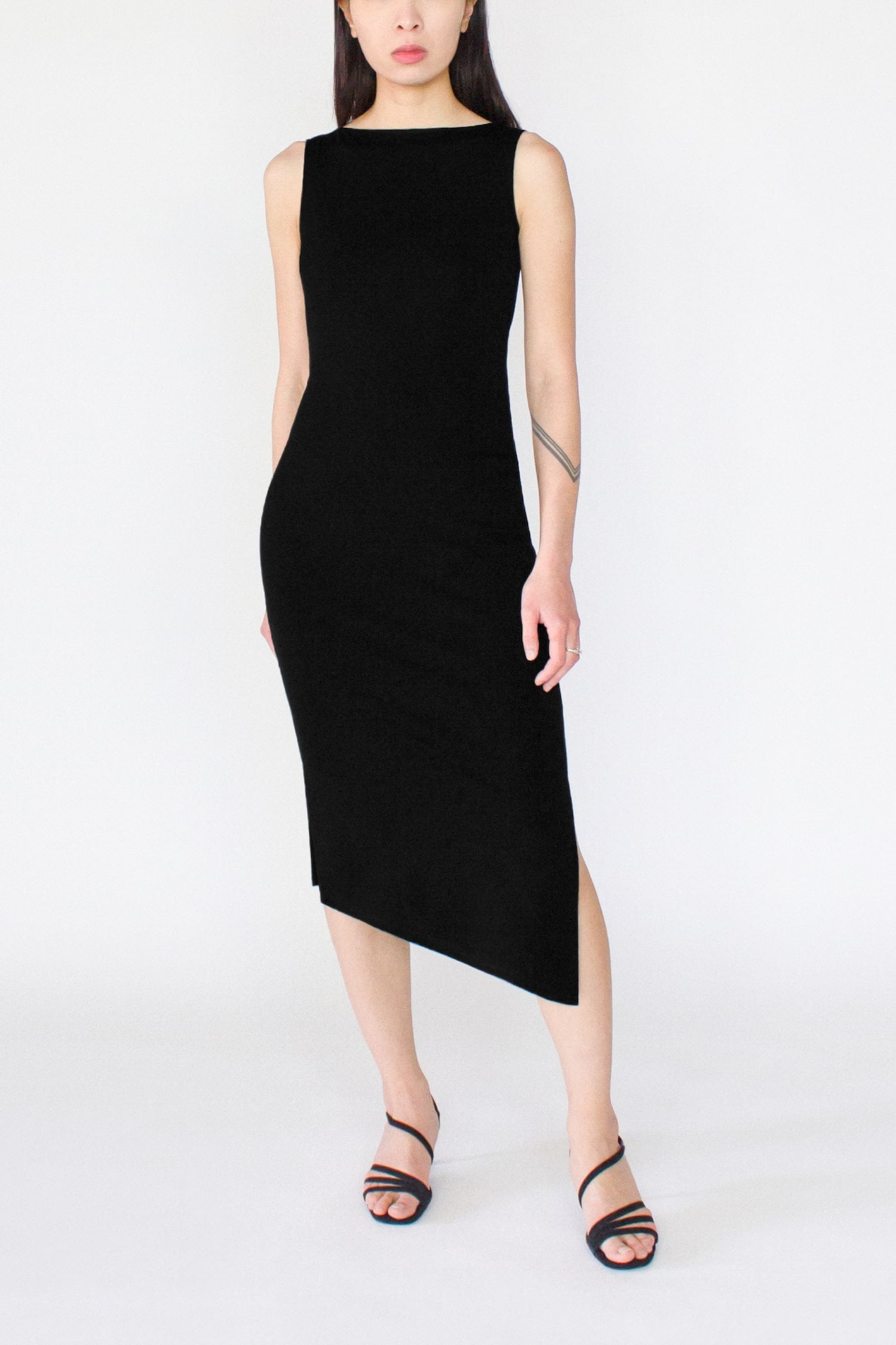 Black Merino Wool Midi Bodycon Dress -- Sleeveless