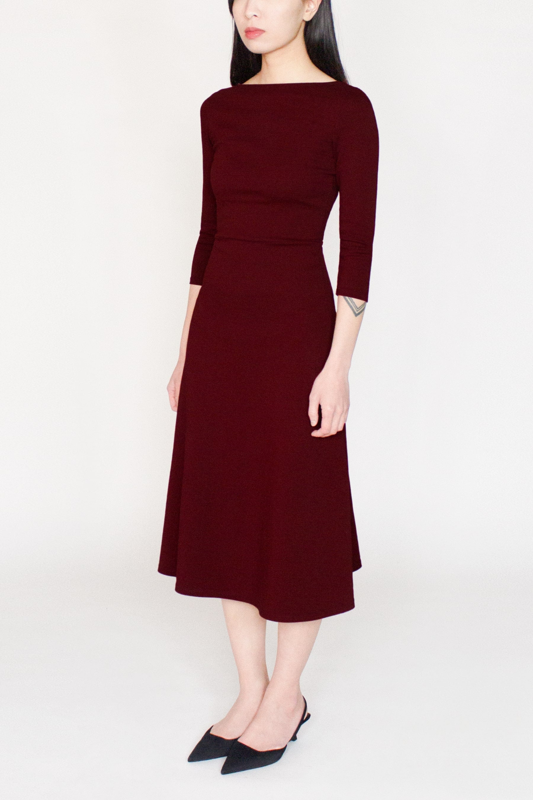 3/4 Sleeve BCI Cotton Boatneck Mid-calf Flared Dress -- Wine Red