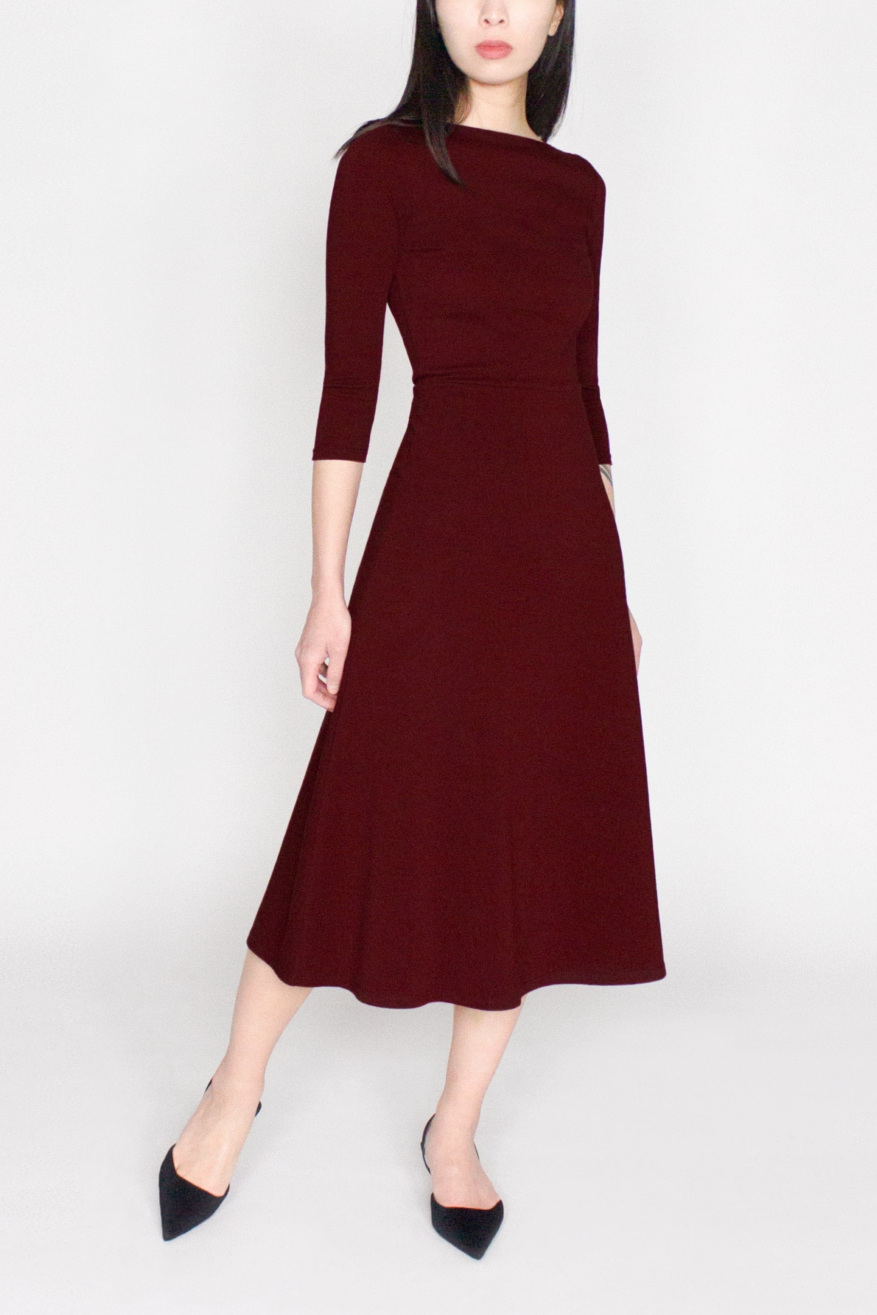 3/4 Sleeve BCI Cotton Boatneck Mid-calf Flared Dress -- Wine Red