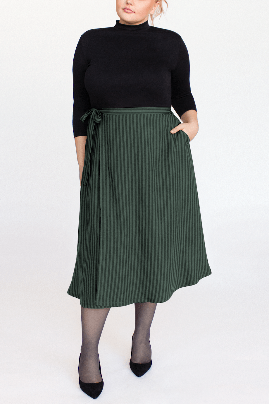 Striped TENCEL™ Lyocell Wrap Skirt With Pockets -- Dark Green