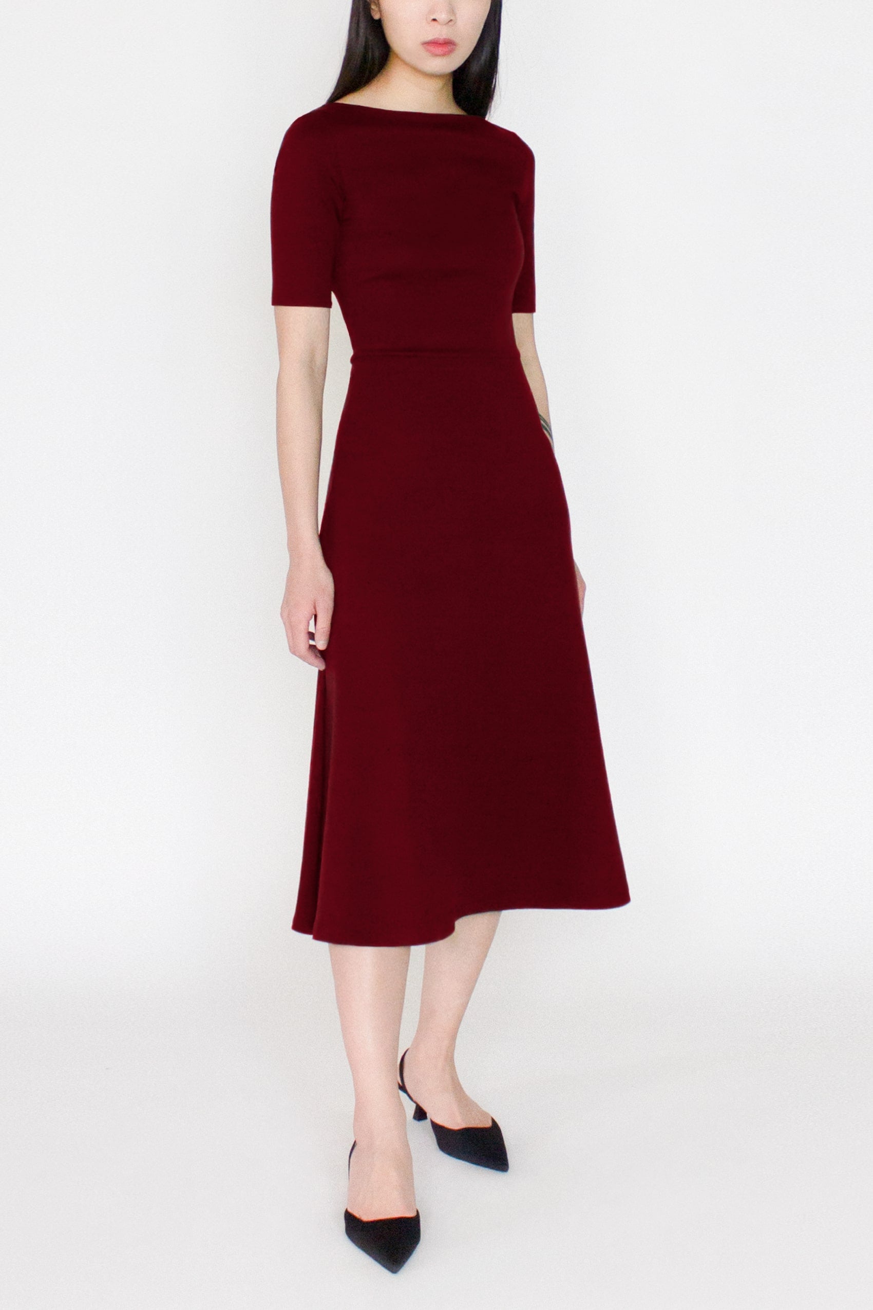 Half Sleeve BCI Cotton Boatneck Mid-calf Flared Dress -- Wine Red