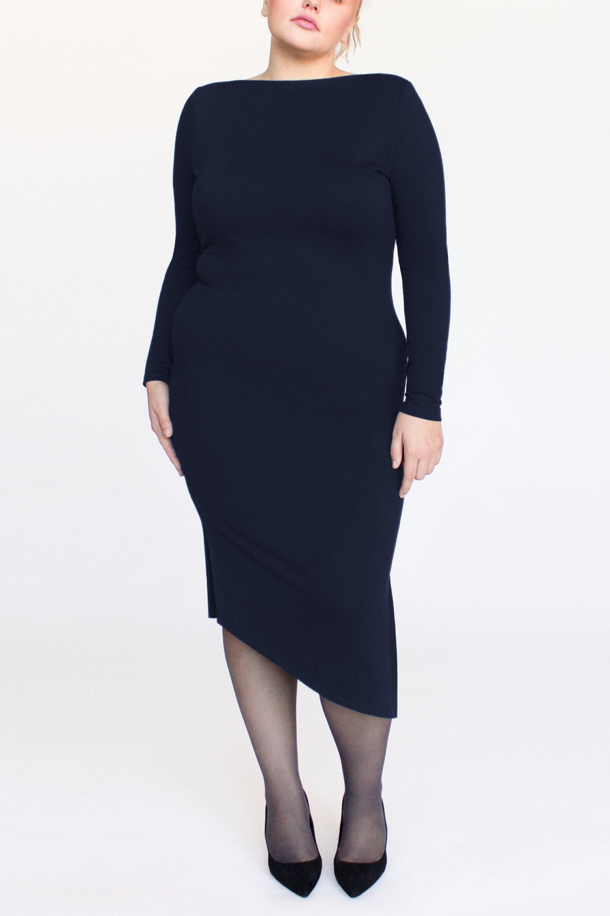 Merino Wool Long Sleeved Midi Bodycon Dress -- Midnight Navy