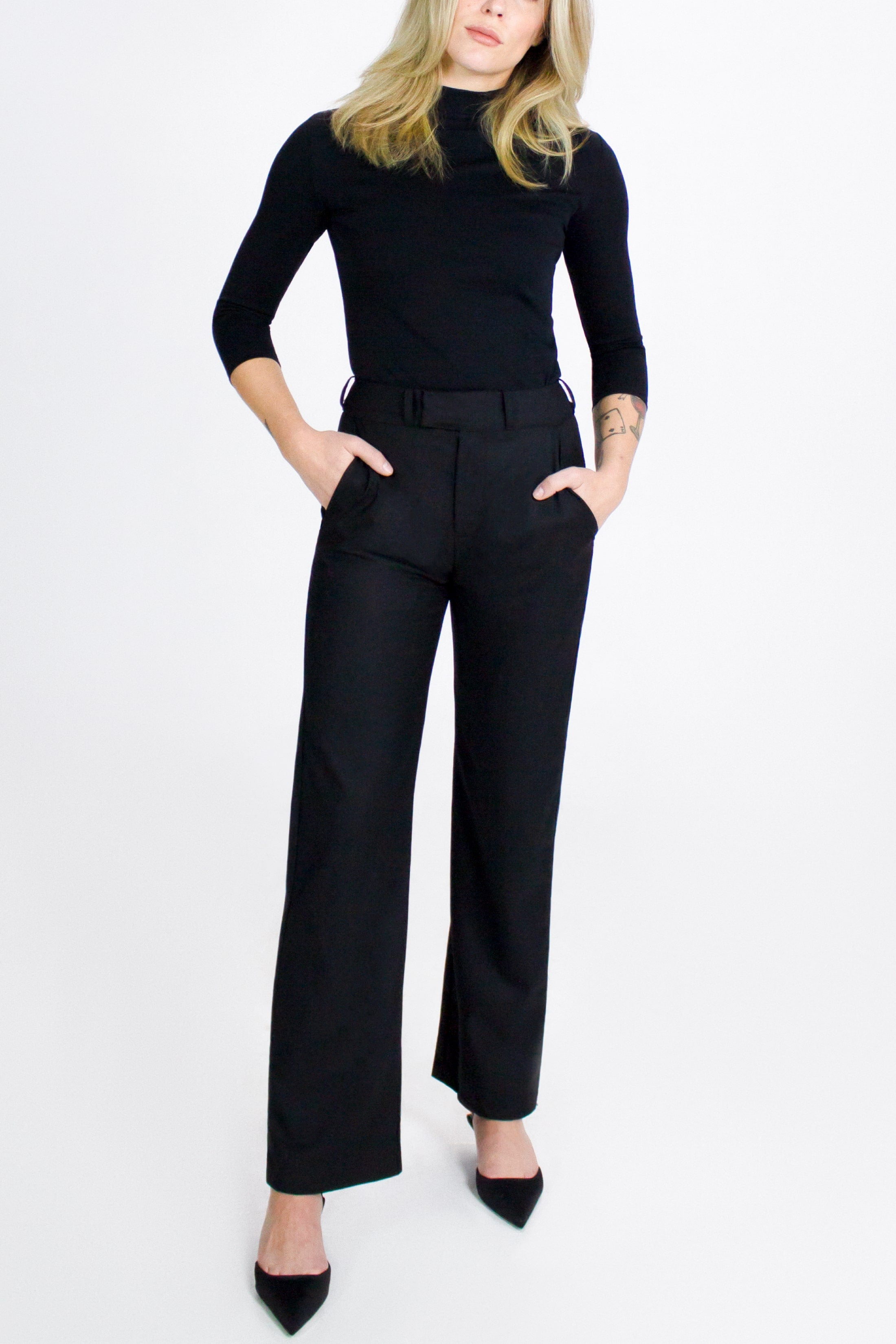 Washable Merino Wool Black Pants -- Wide Leg