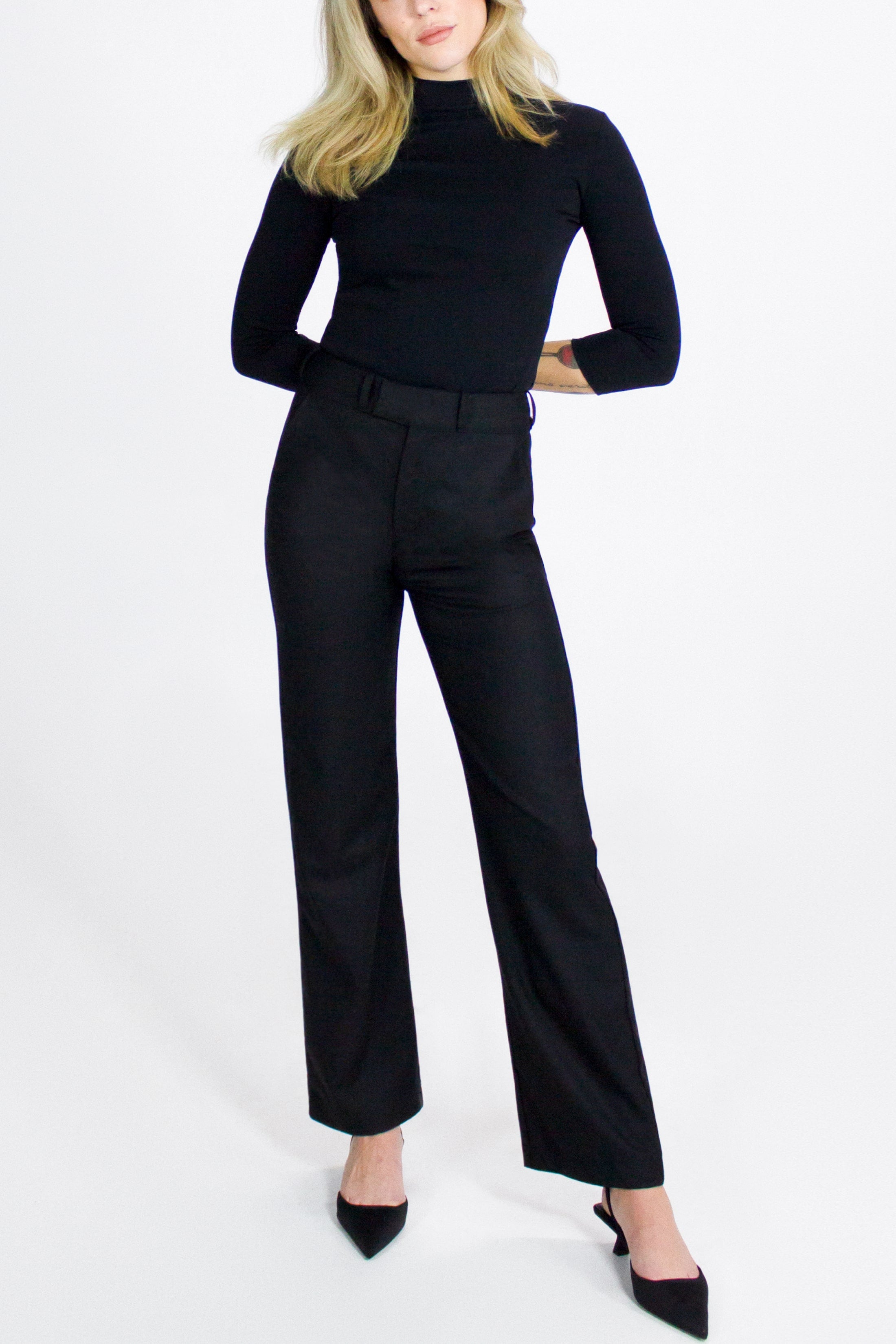 Washable Merino Wool Black Pants -- Wide Leg