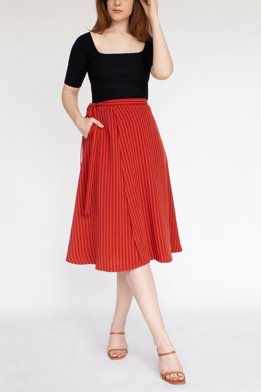 Striped TENCEL™ Lyocell Wrap Skirt With Pockets -- Red