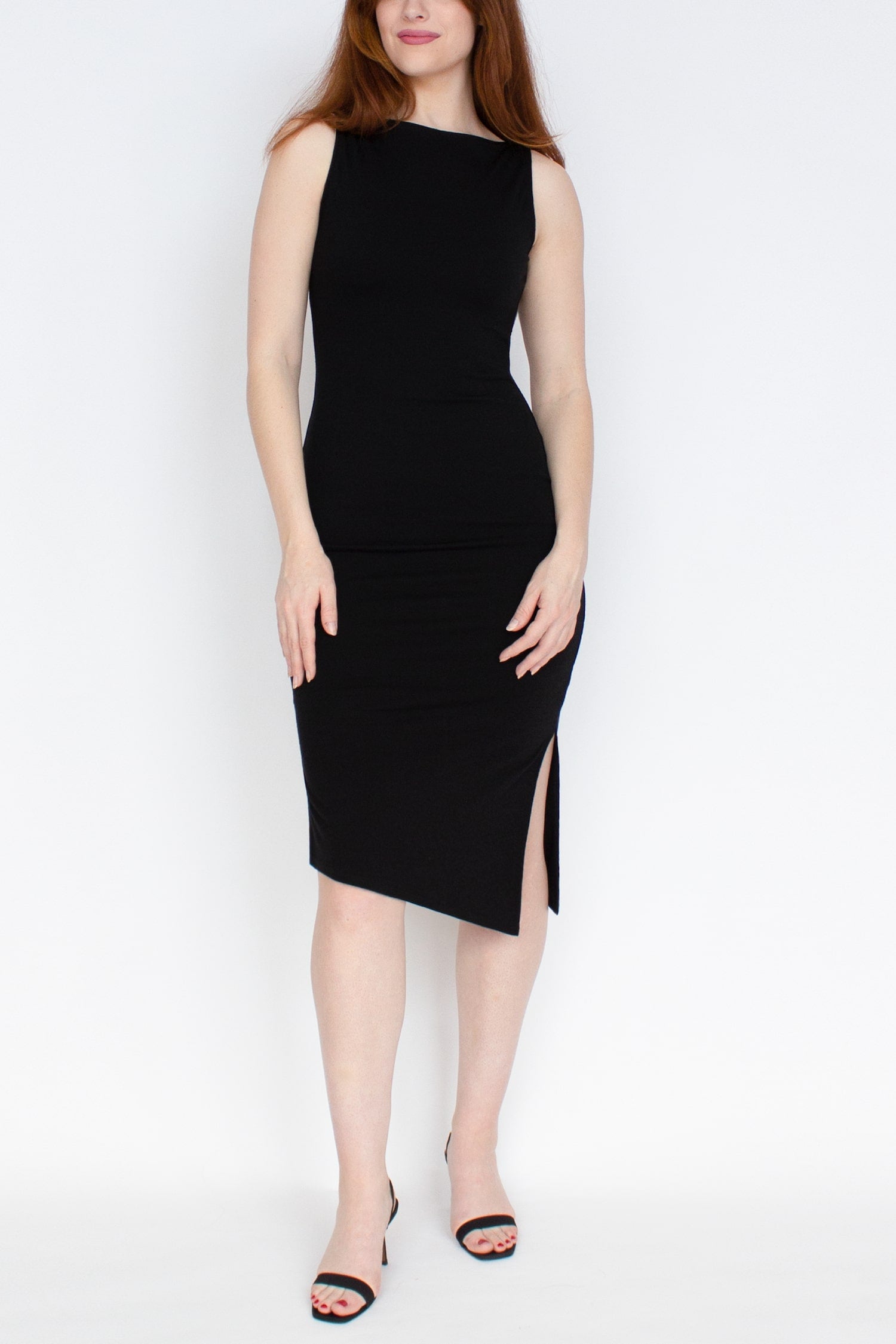 Black Merino Wool Midi Bodycon Dress -- Sleeveless