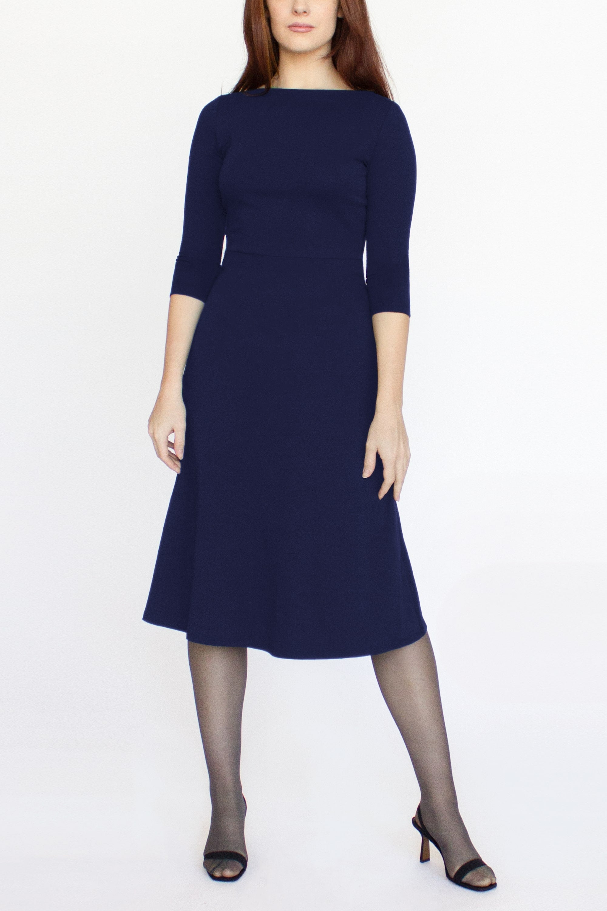 3/4 Sleeve BCI Cotton Boatneck Mid-calf Flared Dress -- Navy Blue