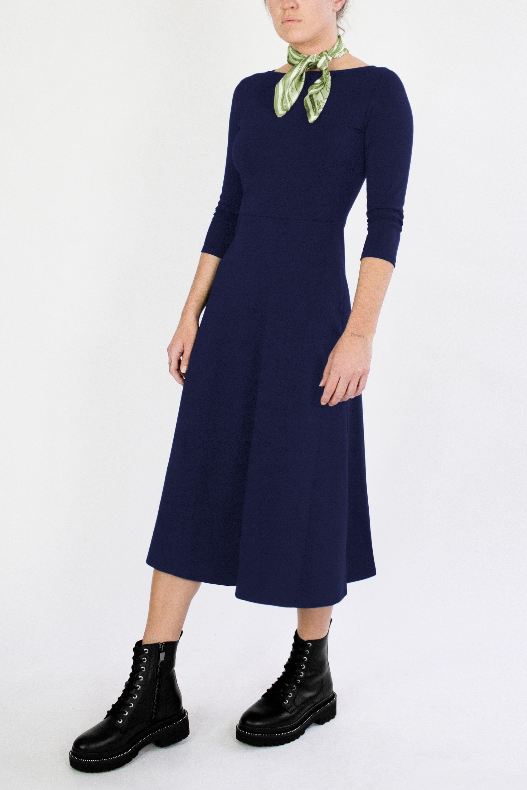 3/4 Sleeve BCI Cotton Boatneck Mid-calf Flared Dress -- Navy Blue