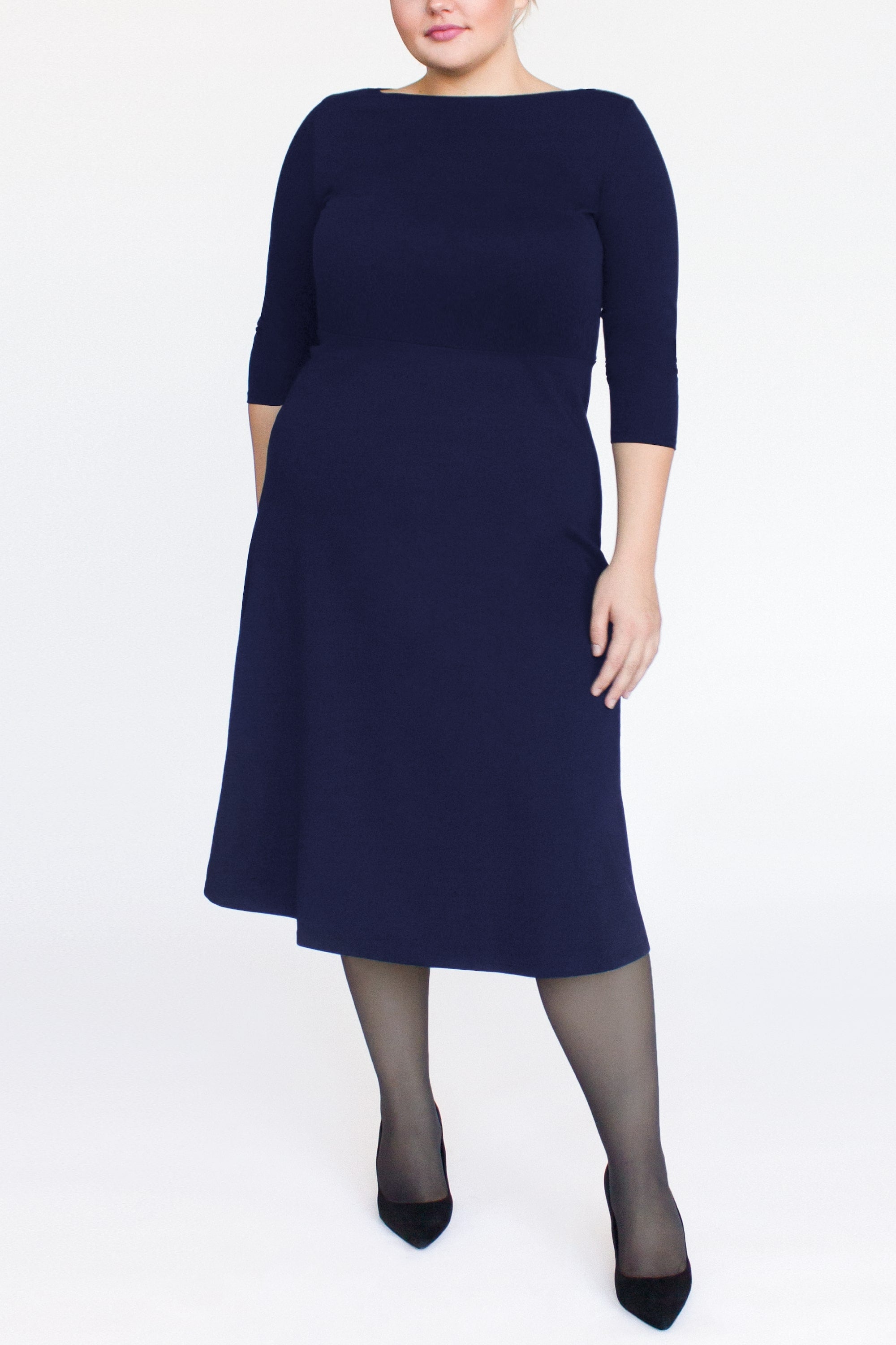 3/4 Sleeve BCI Cotton Boatneck Mid-calf Flared Dress -- Navy Blue