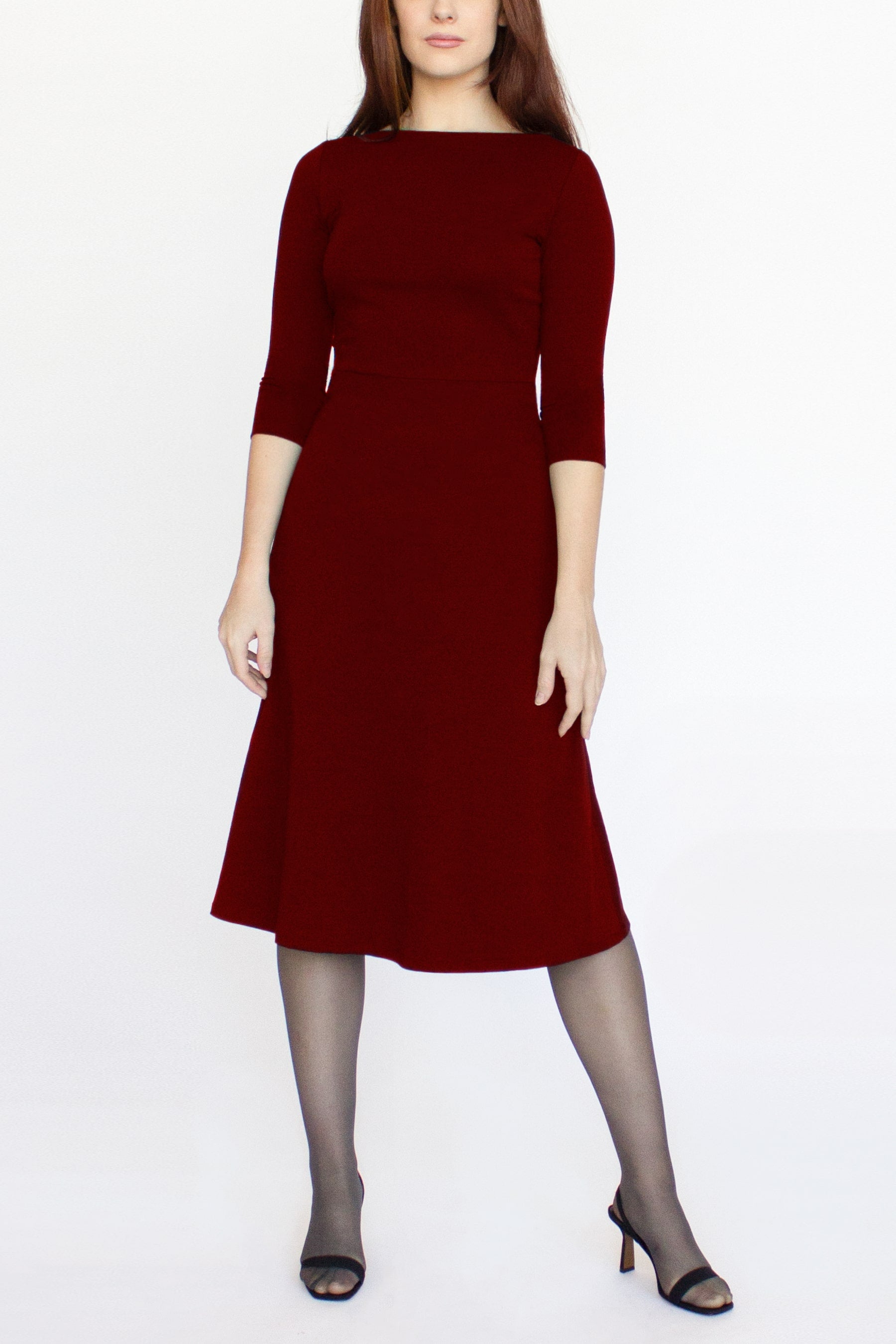 3/4 Sleeve BCI Cotton Boatneck Mid-calf Flared Dress -- Wine Red