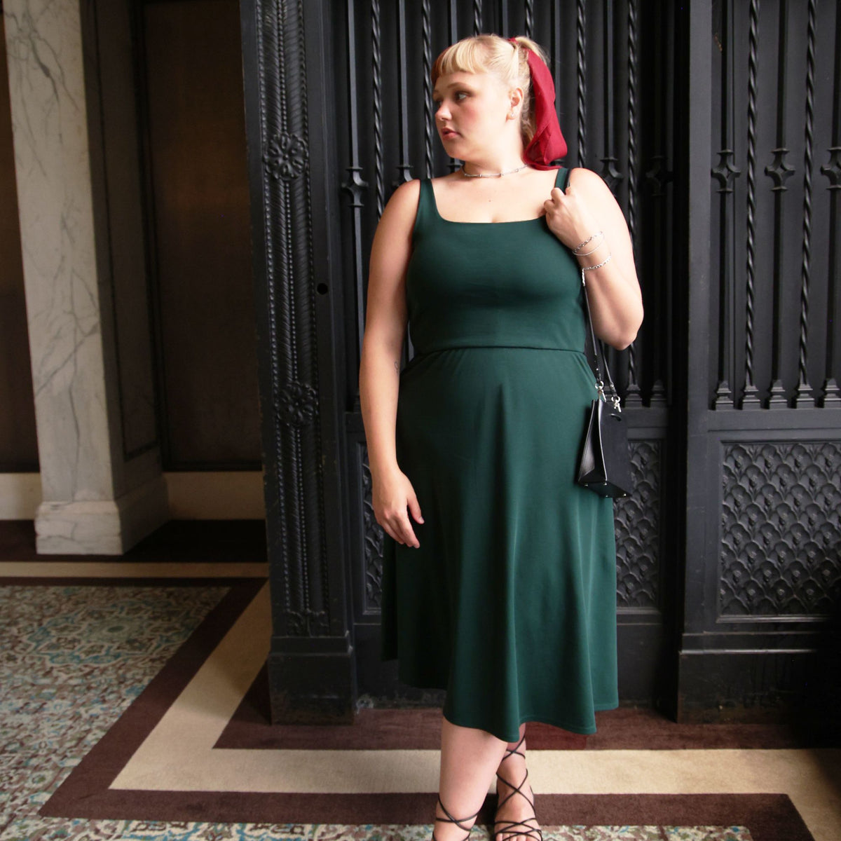 Dark Green Midi A-Line Dress With Pockets | BCI Cotton
