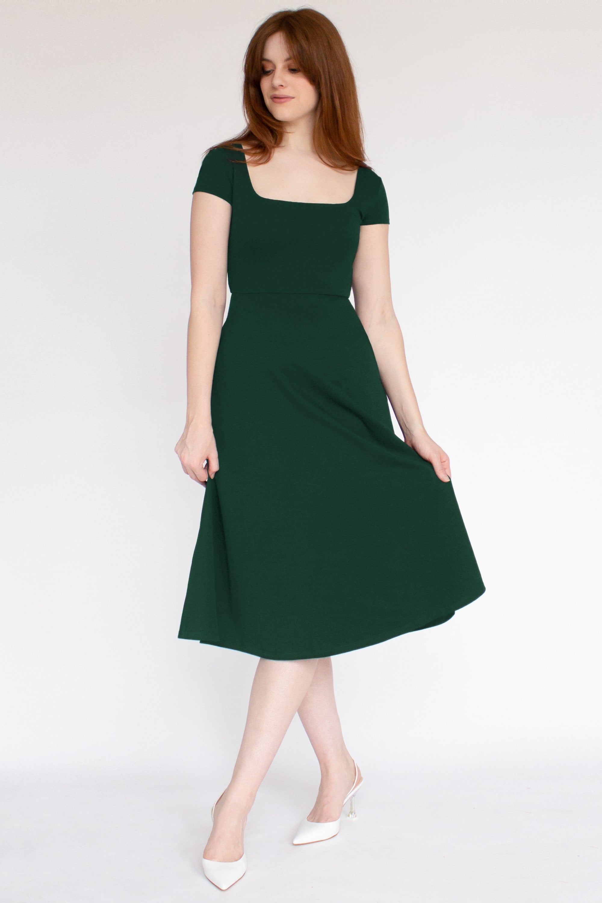 BCI Cotton Square Neck A-Line Mid-Calf Dress -- Dark Green