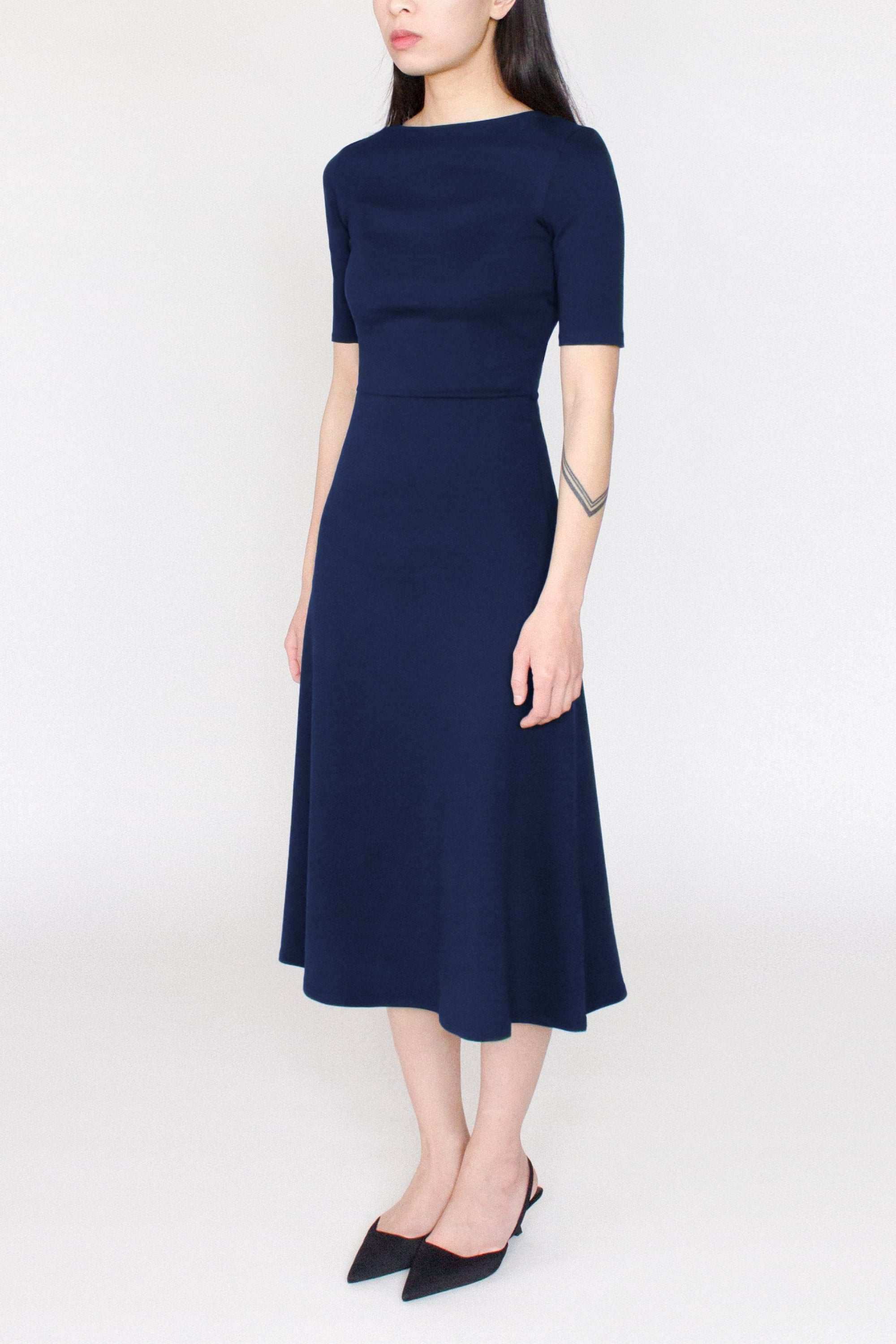 Half Sleeve BCI Cotton Boatneck Mid-calf Flared Dress -- Navy Blue