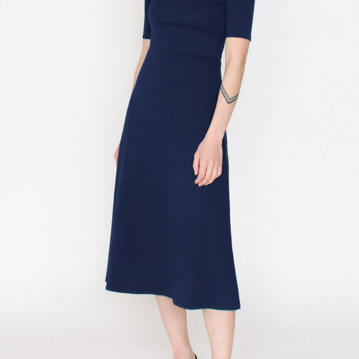 Half Sleeve BCI Cotton Boatneck Mid-calf Flared Dress -- Navy Blue