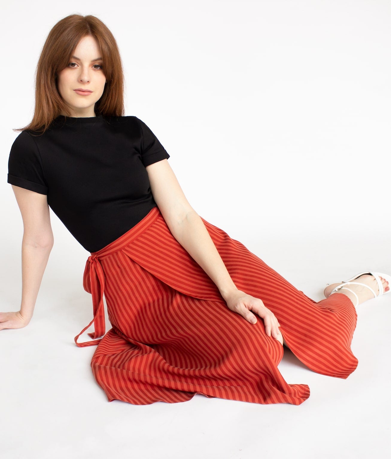 Striped TENCEL™ Lyocell Wrap Skirt With Pockets -- Red
