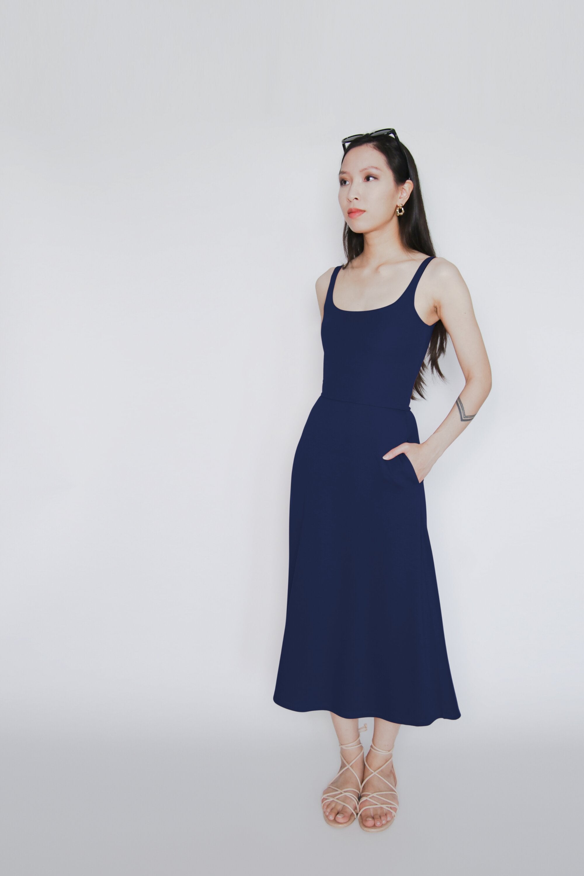 BCI Cotton A-Line Midi Dress -- Navy