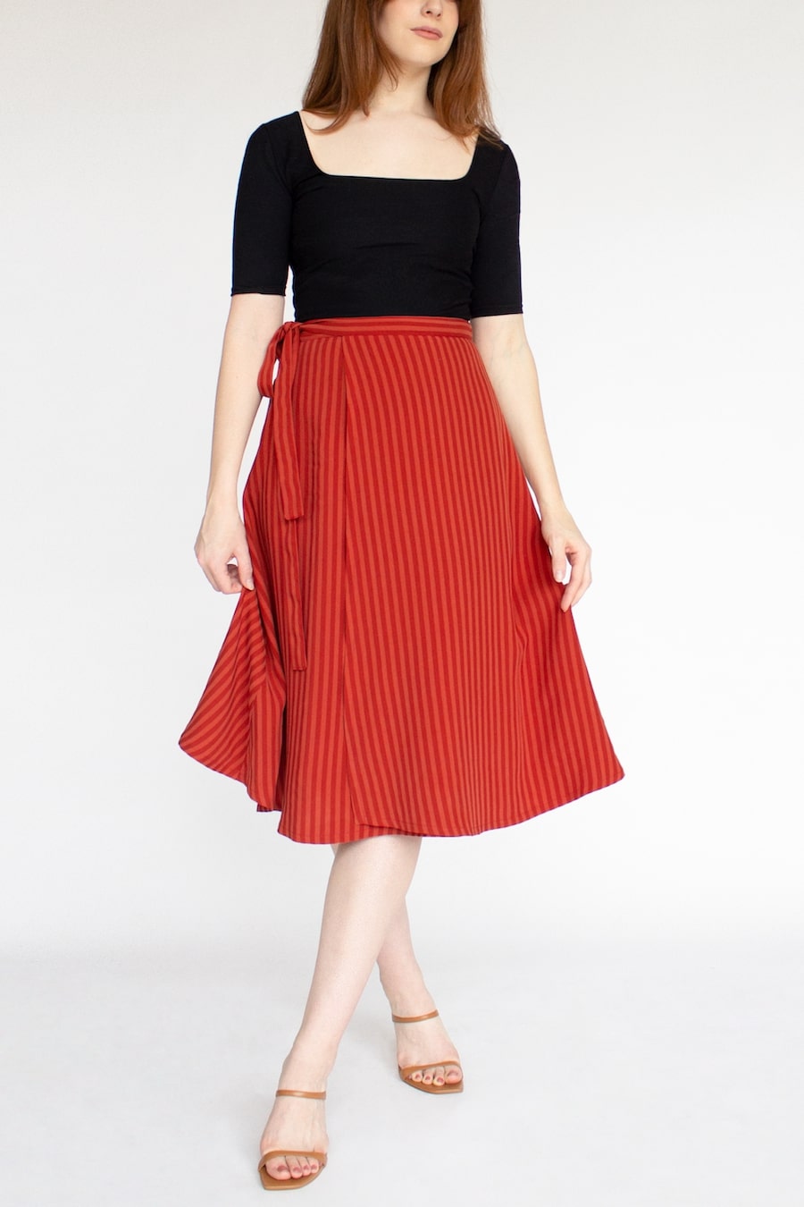 Striped TENCEL™ Lyocell Wrap Skirt With Pockets -- Red