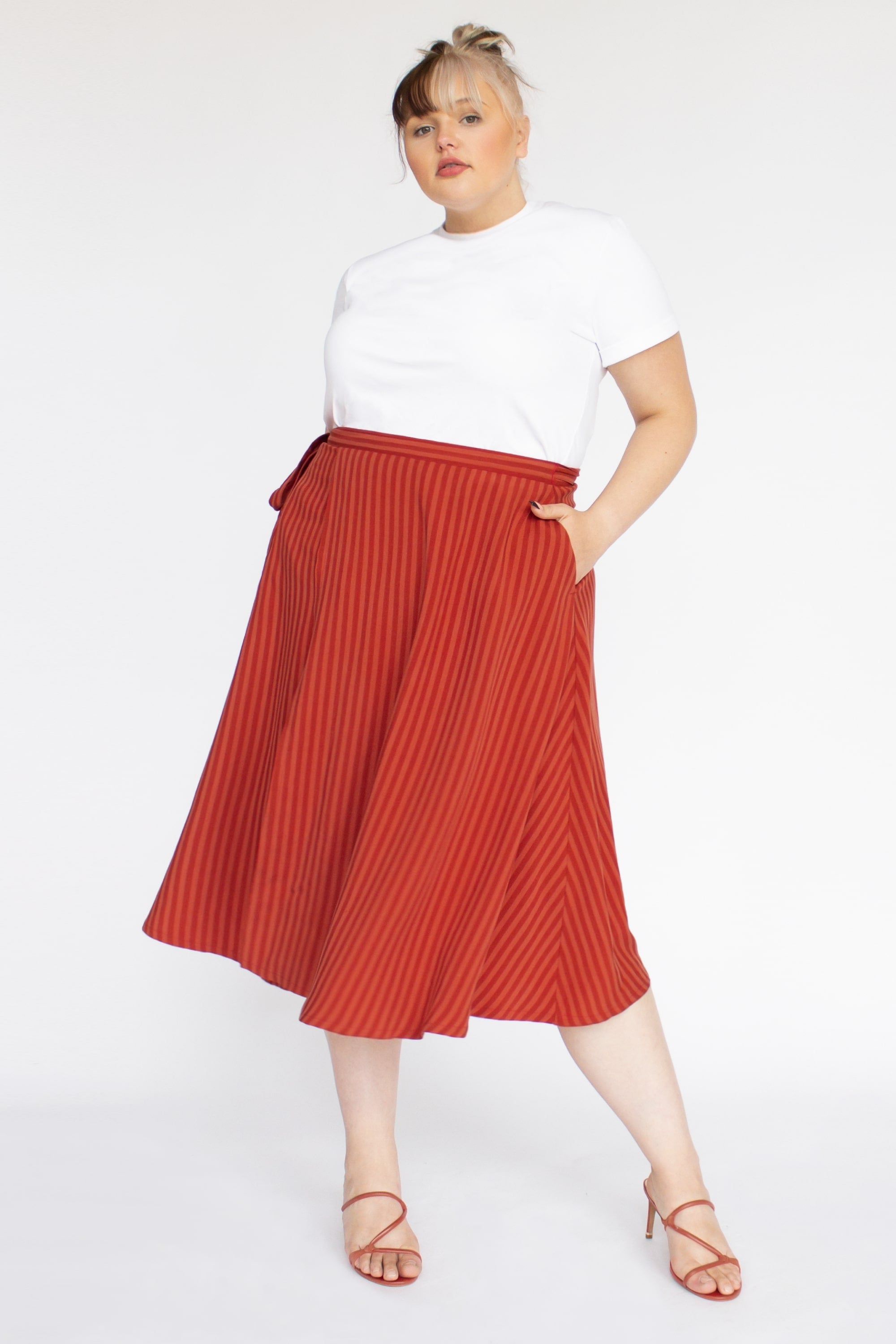 Striped TENCEL™ Lyocell Wrap Skirt With Pockets -- Red