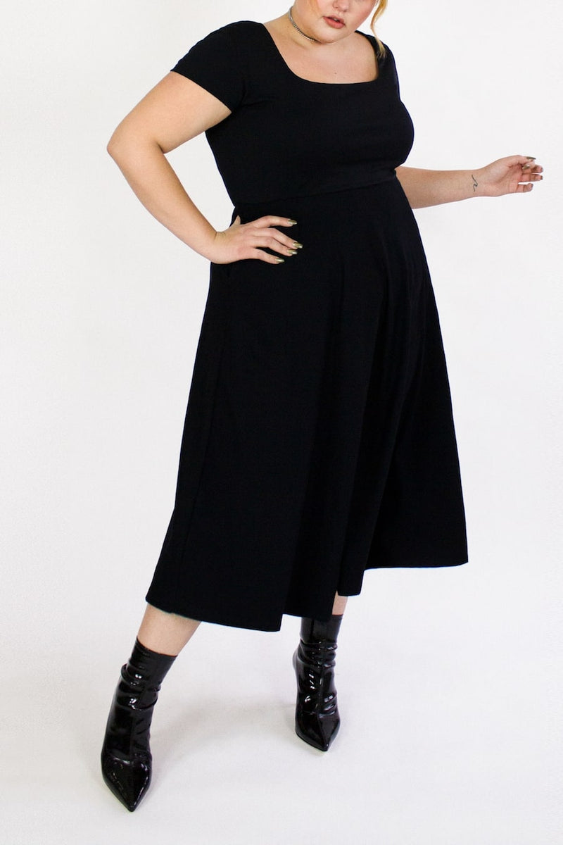 BCI Cotton Square Neck A-Line Mid-Calf Dress -- Black