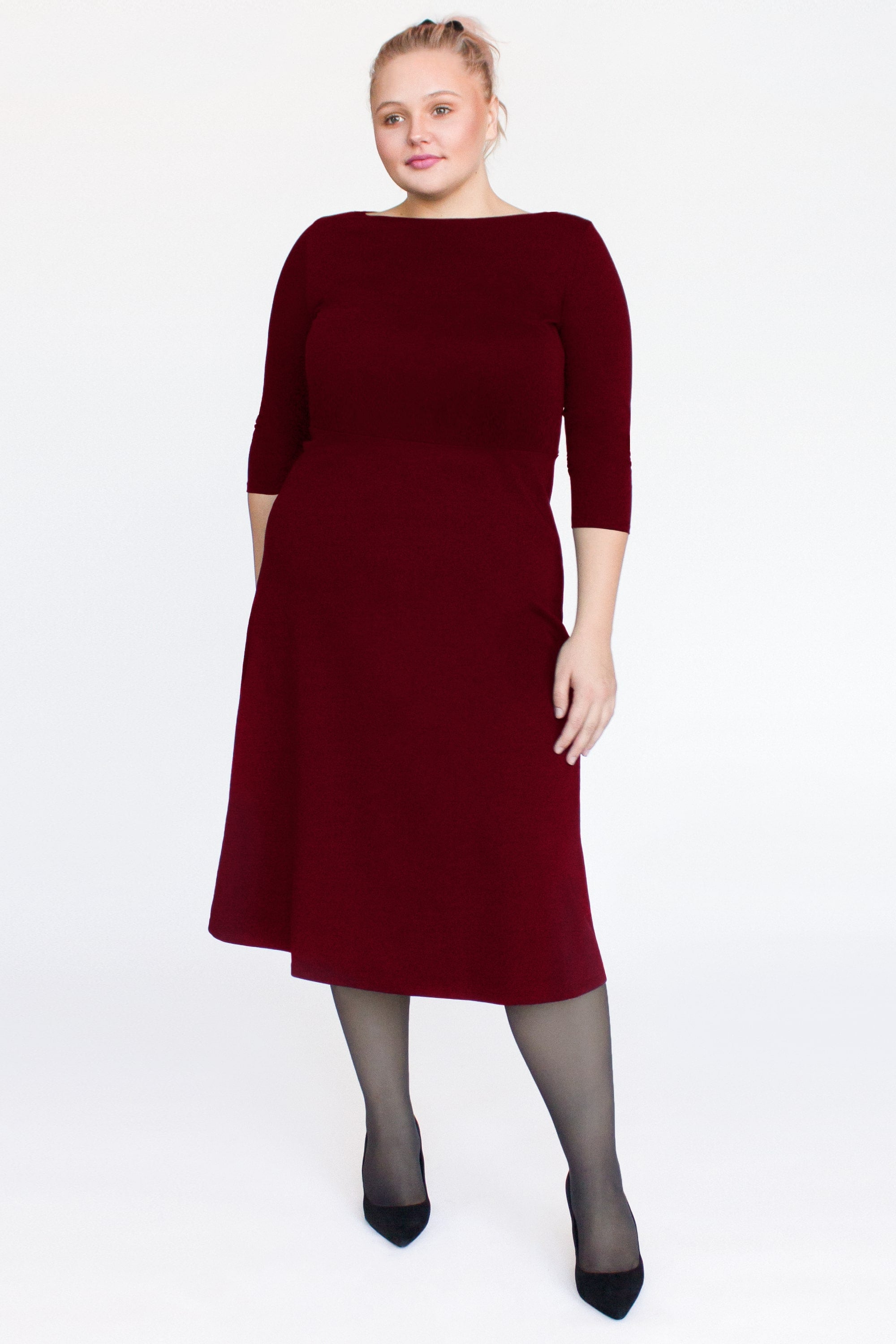 3/4 Sleeve BCI Cotton Boatneck Mid-calf Flared Dress -- Wine Red