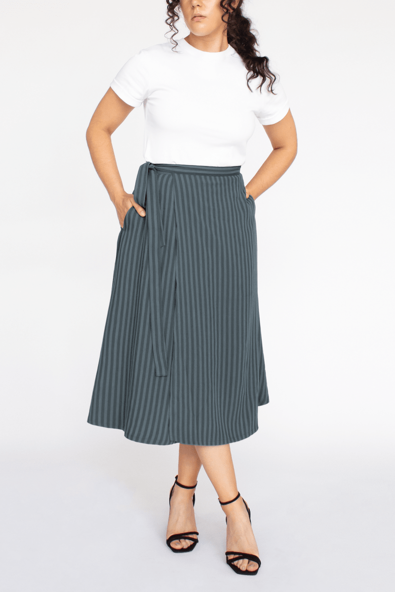 Striped TENCEL Lyocell Wrap Skirt With Pockets Blue