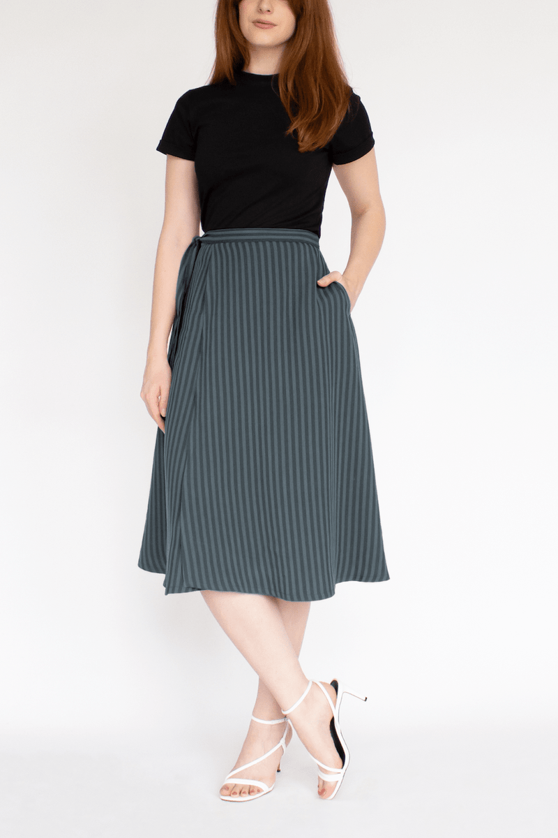 Striped TENCEL™ Lyocell Wrap Skirt With Pockets -- Blue
