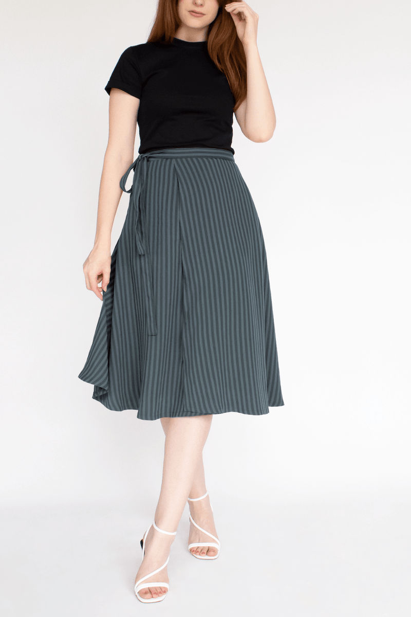 Striped TENCEL Lyocell Wrap Skirt With Pockets Blue