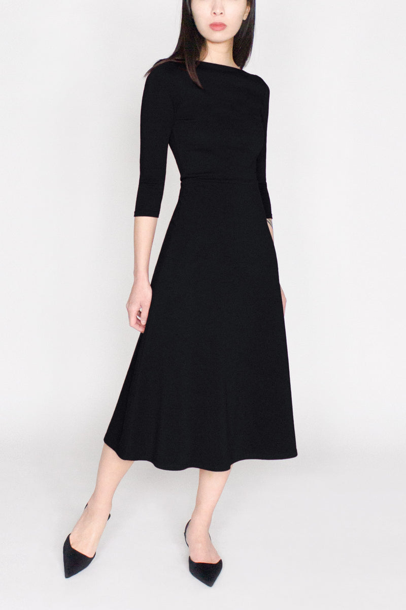 3/4 Sleeve BCI Cotton Boatneck Mid-calf Flared Dress -- Black