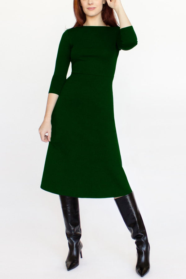 3/4 Sleeve BCI Cotton Boatneck Mid-calf Flared Dress -- Forest Green