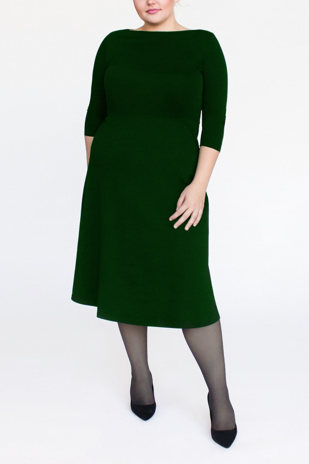 3/4 Sleeve BCI Cotton Boatneck Mid-calf Flared Dress -- Forest Green