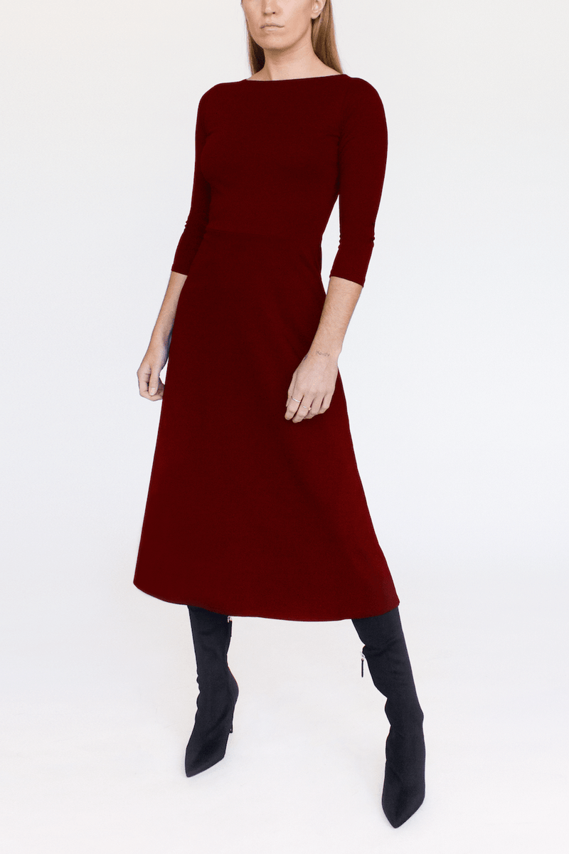 3/4 Sleeve BCI Cotton Boatneck Mid-calf Flared Dress -- Wine Red