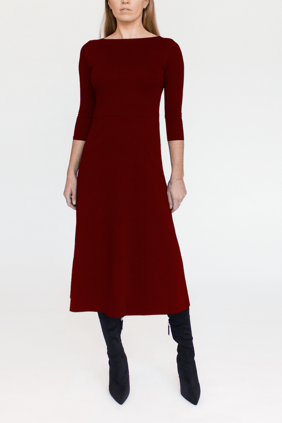 3/4 Sleeve BCI Cotton Boatneck Mid-calf Flared Dress -- Wine Red