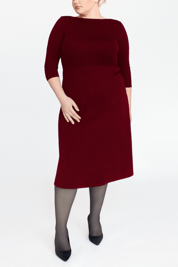 3/4 Sleeve BCI Cotton Boatneck Mid-calf Flared Dress -- Wine Red