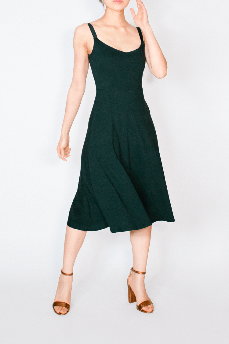 Dark Green Midi A-Line Dress With Pockets, BCI Cotton