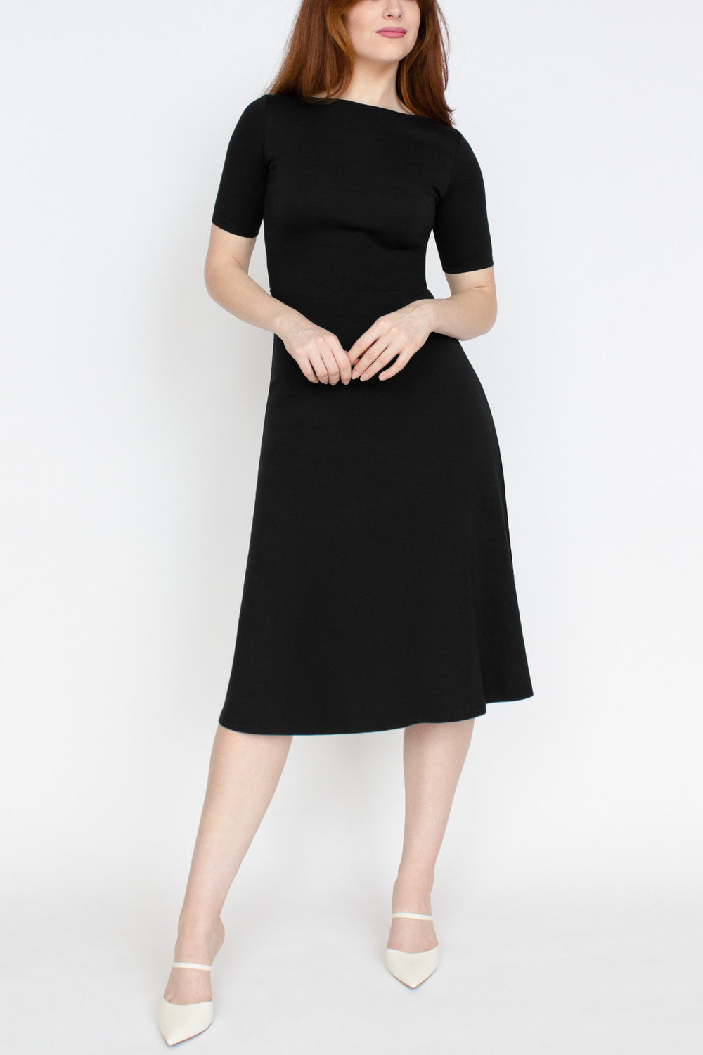 Original Flared Sleeves Half Sleeves Solid Color Boat Neck Midi Dresses